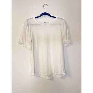 Chico’s 95% Linen Tee Size 2 (L) White Short Sleeve Ruffle Trim Top Minimalist